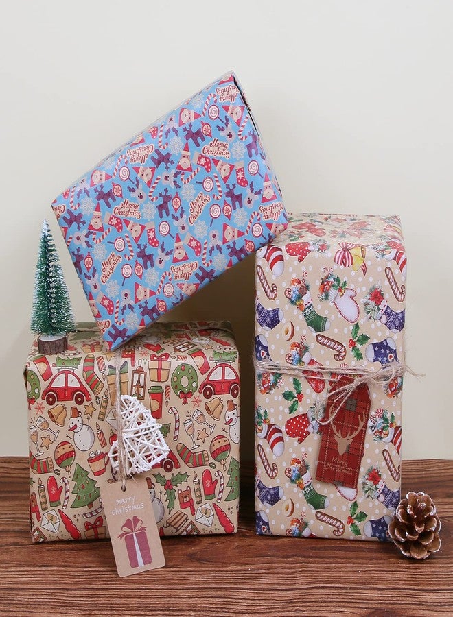 Aimyoo Kraft Christmas Wrapping Paper Set, Vintage Kids Xmas Gift Wrap Paper 3 Rolls, Stockings Santa Deers Candy Canes Snowman Designs,17 in x 10 ft per Roll - Image 4
